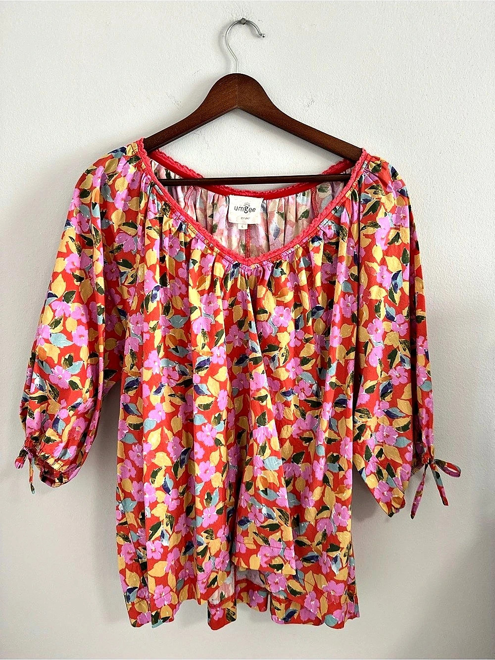 Umgee Floral Cotton Blouse in Coral & Multicolor Print